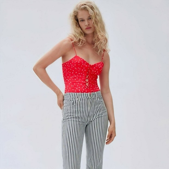 Zara Womens Satin Star Print Red White Stars Lace Up Snap Bottom Bodysuit Size M - Picture 2 of 13